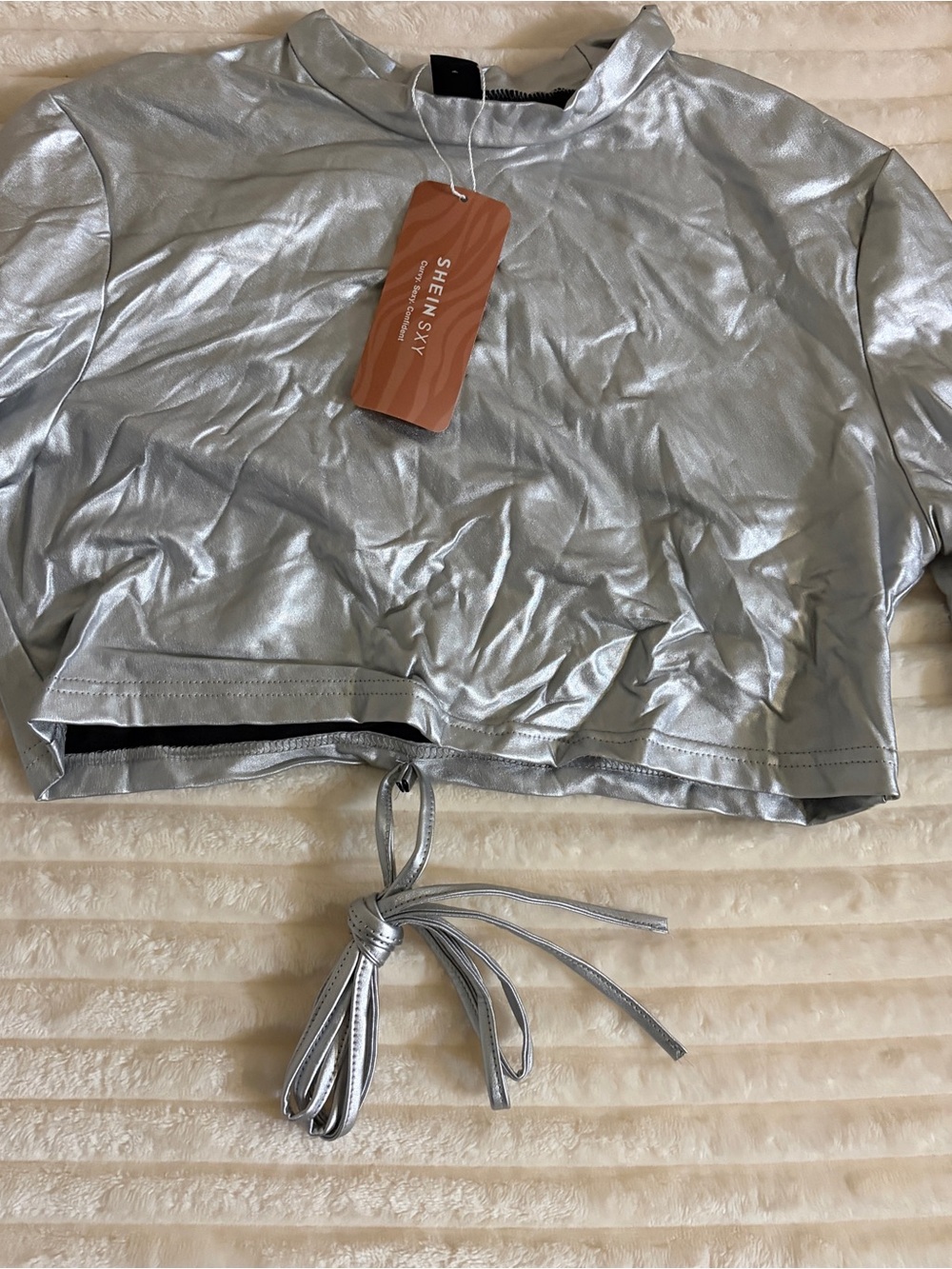 SHEIN Metallic Silver Drawstring Crop Top
